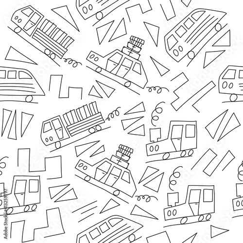 Doodle monoline cars background. Seamless baby boy pattern in vector. Texture for wallpaper, fills, web page background