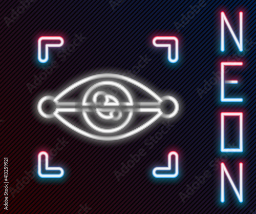 Glowing neon line Eye scan icon isolated on black background. Scanning eye. Security check symbol. Cyber eye sign. Colorful outline concept. Vector.