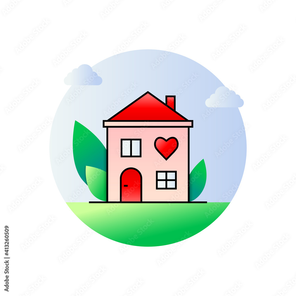 House with heart shape concept. Circle icon and logo with building, roof, chimney, windows, door, leaves and clouds in gradient color. Vector illustration isolated on white background. House with heart shape concept. Circle icon and logo with building, roof, chimney, windows, door, leaves and clouds in gradient color. Vector illustration isolated on white background.