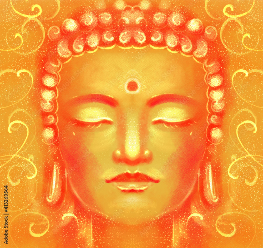 illustration of a portrait of a buddha. A picture of enlightenment, the religiosity of Buddhism, in orange yellow golden shades