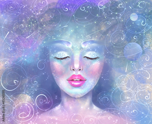 Fotografie illustration of a portrait of a girl with closed eyes against the background of the starry sky, the universe