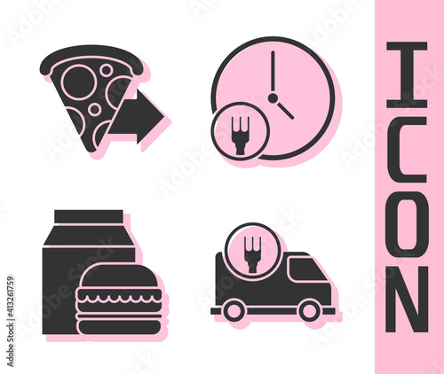 Set Fast delivery by car, Online ordering pizza delivery, Online ordering and burger delivery and Round the clock delivery icon. Vector.