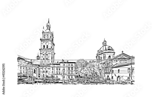 Building view with landmark of Lviv is the
city in Ukraine. Hand drawn sketch illustration in vector.