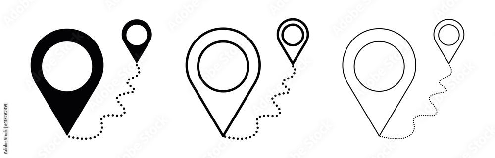 Move from one location to another. Location sign icon. Map location sign. The star has declared the vector icon of simple location points. Icon set of different thickness.