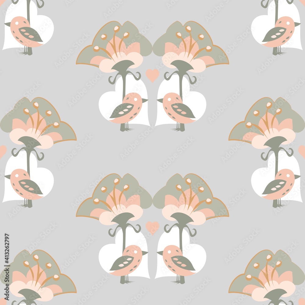 Trees And Birds Pattern In Pink And Grey Trees And Birds Pattern In Pink And Grey