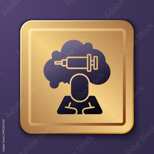Purple Addiction to the drug icon isolated on purple background. Heroin, narcotic, addiction, illegal. Sick junkie with a syringe and medical pills. Gold square button. Vector.