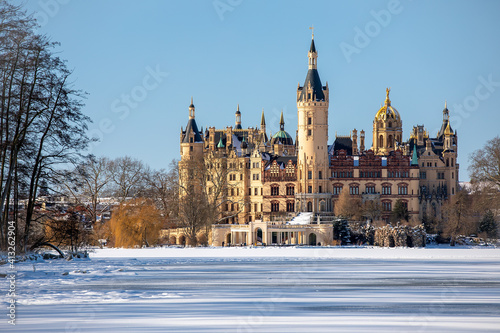 The beautiful, fairy-tale Castle of Schwerin in winter times photo