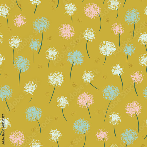 Puffy dandelion blowballs seamless vector pattern. Botanical surface print design for fabrics, stationery, scrapbook paper, gift wrap, textiles, and packaging.