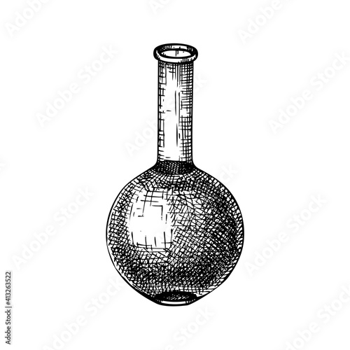 Medicine laboratory equipment sketch. Hand drawn glass flask illustration. Chemical lab testing equipment. Vector flat bottomed flask for science experiments, alchemy, perfumery