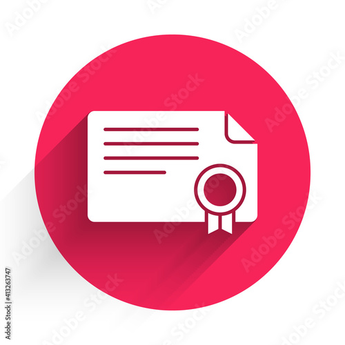 White Certificate template icon isolated with long shadow. Achievement, award, degree, grant, diploma concepts. Red circle button. Vector.