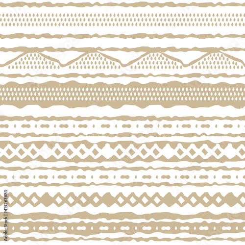 Winter Seamless abstract horizontal repeat border pattern. Random rough, twisted part of beige triangles or broken lines, zigzags, circles or big dots shapes. Hand drawn effect on white background.