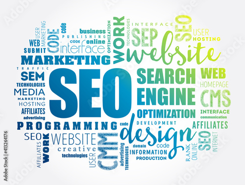 SEO (Search Engine Optimization) word cloud collage, technology concept background
