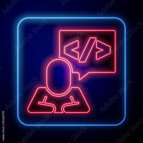 Glowing neon Web design and front end development icon isolated on blue background. Vector.