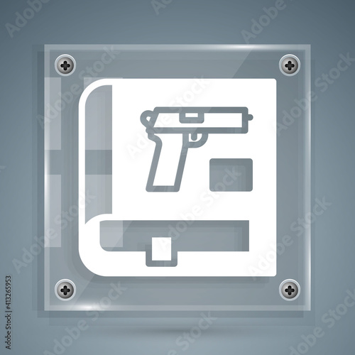 White Book with pistol or gun icon isolated on grey background. Police or military handgun. Small firearm. Weapon catalog. Square glass panels. Vector.