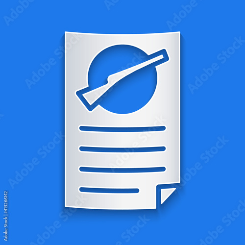 Paper cut Firearms license certificate icon isolated on blue background. Weapon permit. Paper art style. Vector.