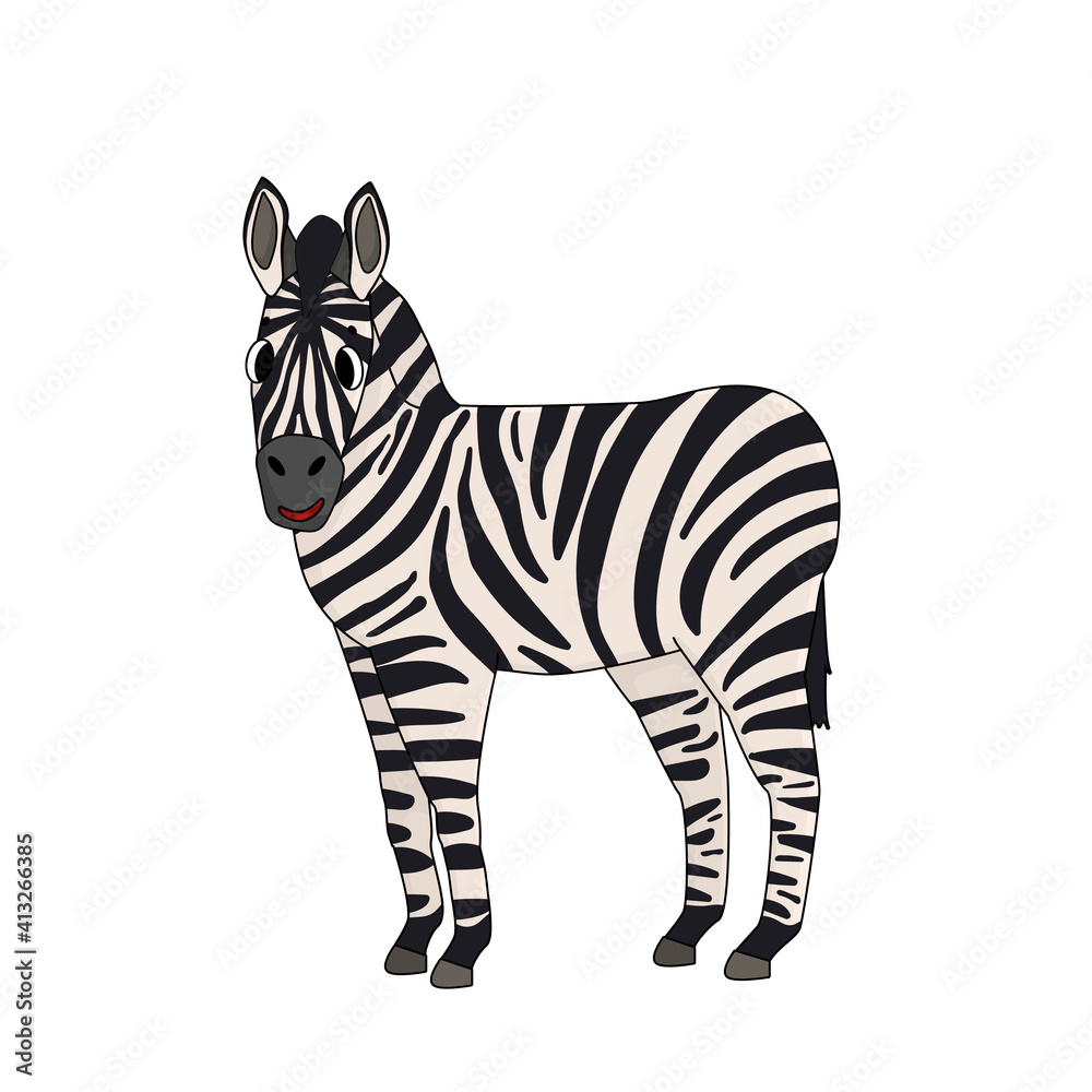 Obraz premium Vector Black and white cute outline cartoon zebra. Side view. Animal is smiling, isolated on white background.