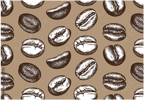 Sketch pattern of black and white coffee beans isolated on brown background. Wallpaper, textile. Line art, drink, food. Vector illustration.