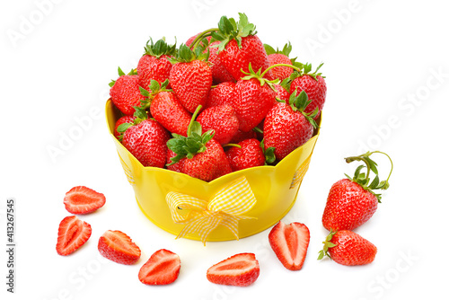 Appetizing ripe strawberry in an iron bowl isolated on a white .