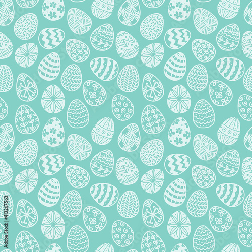 Seamless pattern with doodle easter eggs on blue background. Can be used for wallpaper, pattern fills, textile, web page background, surface textures.