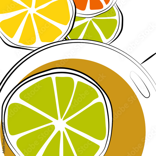 Illustration of a still life with lemons. A cup of tea with lemon. Top view