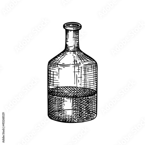 Chemical laboratory equipment sketch. Hand drawn glass bottle with liquid illustration. Glassware drawing for alchemy, medicine, cosmetics, or perfume. Alchemy laboratory equipment sketch.