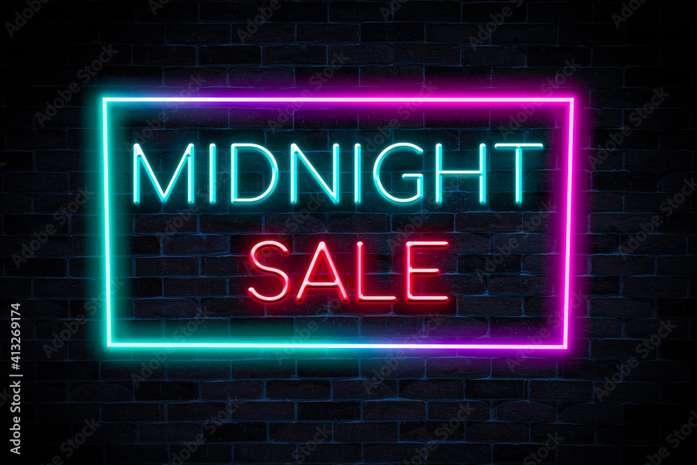Midnight sale banner with rainbow frame, discount product, advertising, marketing banner.