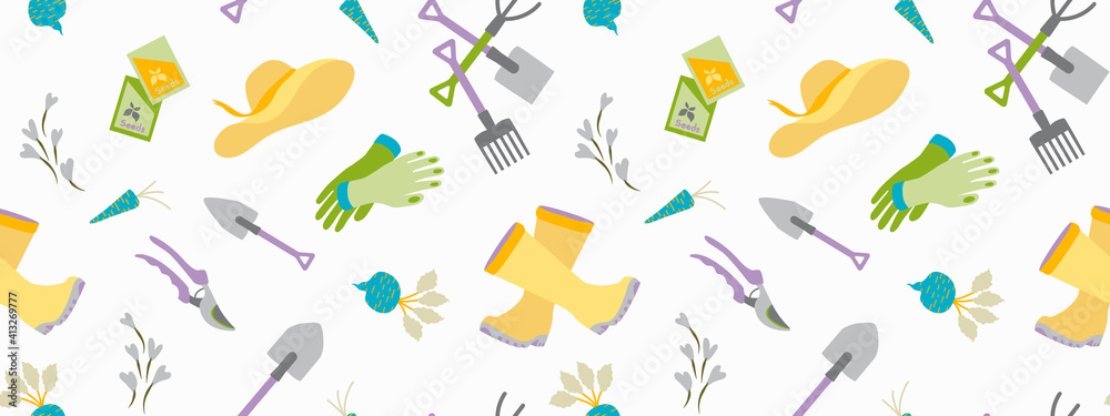 Gardening, garden tools seamless pattern Hand drawing cute garden equipment icons pastel color background. Watering can, beetroot, hat, rubber boots, hand gloves, fresh foods, seeds pack, leaves Gardening, garden tools seamless pattern Hand drawing cute garden equipment icons pastel color background. Watering can, beetroot, hat, rubber boots, hand gloves, fresh foods, seeds pack, leaves