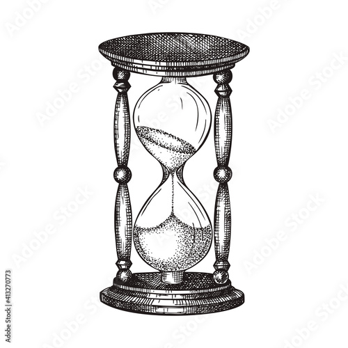 Hand sketched hourglass illustration. Vector drawing of sandglass in vintage style. Sketched wooden sandglasses for time, deadline theme or retro design isolated on white.