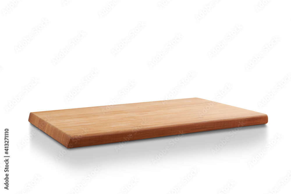 new rectangular wooden cutting board, in top of wooden table with a minimalistic limbo background - obrazy, fototapety, plakaty 
