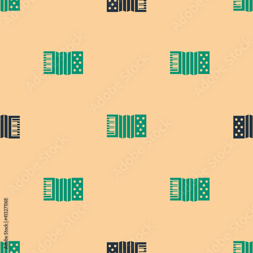 Green and black Musical instrument accordion icon isolated seamless pattern on beige background. Classical bayan, harmonic. Vector.