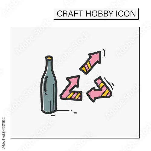 Upcycling hand draw color icon. Products get modified and get second life turned into a new product. Bottle upcycling into other things. Recycling concept. Isolated sketch vector illustration