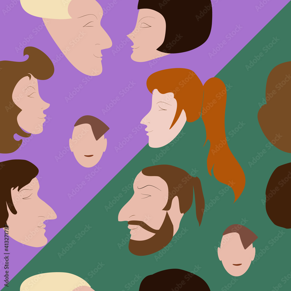 Seamless pattern with different faces of men and women in profile on a diagonal lilac-green background. Vector image. Seamless pattern with different faces of men and women in profile on a diagonal lilac-green background. Vector image.