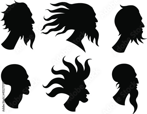 Set of faces of a man with an unusual appearance. Silhouettes of heads of unusual old men.