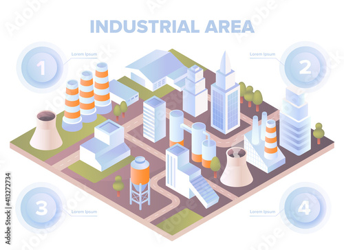 Isometric map or plan of urban industrial area factories or mills, warehouse buildings, water towers. Infographic design template. Modern cartoon vector illustration