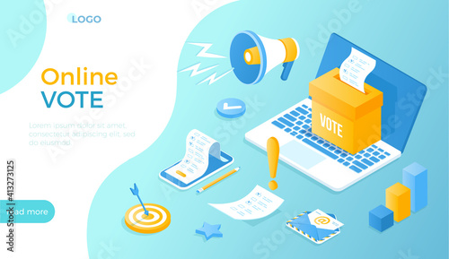 Online Vote E-Voting. Election internet service, online choice. Ballot box with blank on laptop screen. Voting ballot on the phone screen. Isometric vector illustration for website.