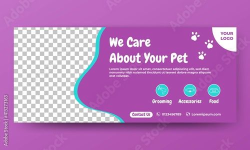 Editable banner template design. Pet banner with a purple color background. Usable for cover, banner, background, and web internet ads. Flat design vector with a photo collage.