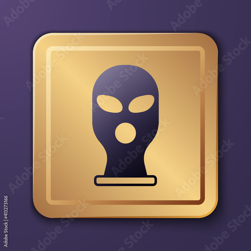 Purple Balaclava icon isolated on purple background. A piece of clothing for winter sports or a mask for a criminal or a thief. Gold square button. Vector.