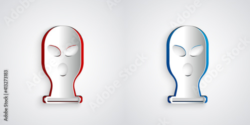 Paper cut Balaclava icon isolated on grey background. A piece of clothing for winter sports or a mask for a criminal or a thief. Paper art style. Vector.