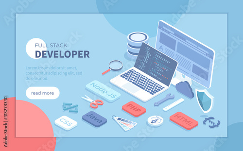 Full Stack Developer. Programmer who can work with software and hardware part of the service Back-end and user interface Front-end. Isometric vector illustration for banner, website.