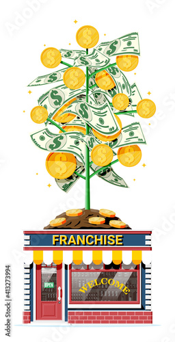 Successful franchise business with money tree. Franchising shop building or commercial property. Real estate business promotional, sme. Selling buying new business. Flat vector illustration