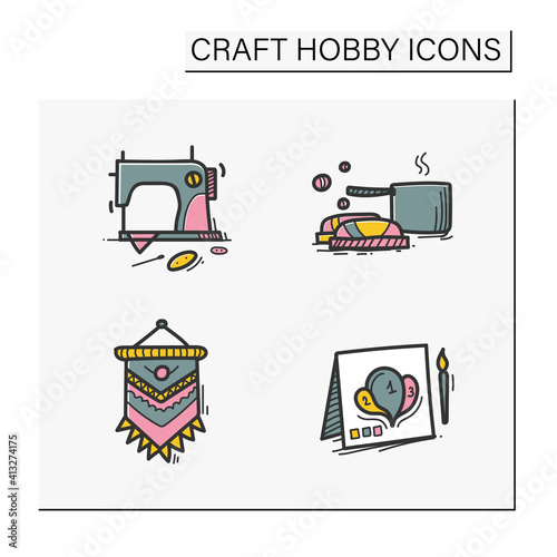Craft hobby set hand drawn color icons. Handmade and homemade concept. Consist of sewing, etching, bottle painting, origami, papier-mache etc. Isolated sketch vector illustrations