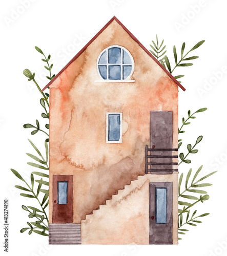 Watercolor old house facade with staircase and garden