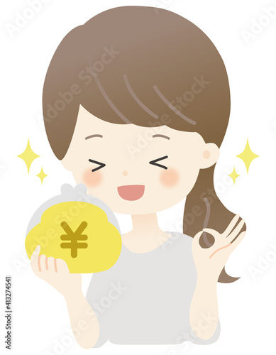 財布を持った女性のイラスト（かわいい・主線なし・キラキラ）