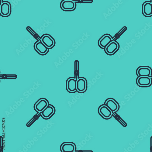 Black line Nail scissors cuticle cut beauty salon icon isolated seamless pattern on green background. Cosmetic scissors for manicure. Vector.