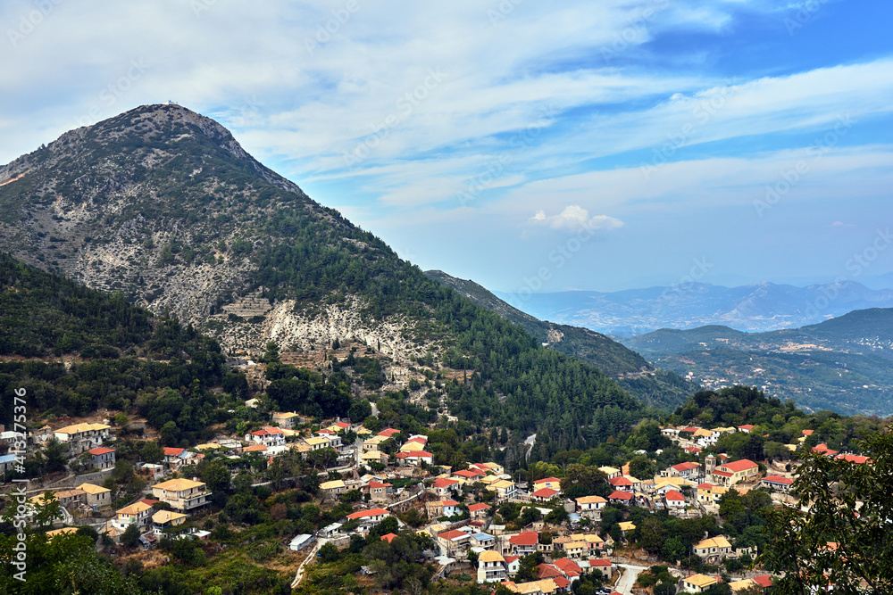 Fototapeta premium City Syvros on the mountainside on the island of Lefkada