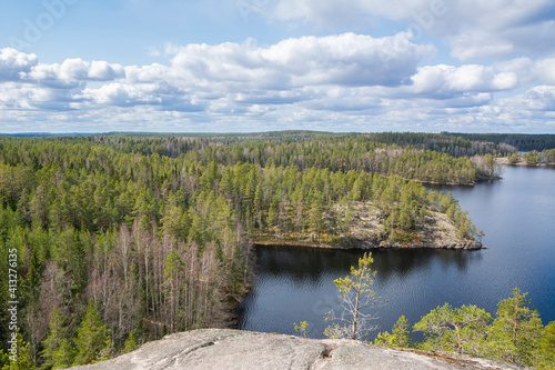 View of The Repovesi National Park from Katajavuori Hill, lake, rocks and forest, Kouvola, Finland photo