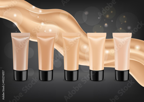 Foundation in tube on black background, concealer set for advertising cosmetics.