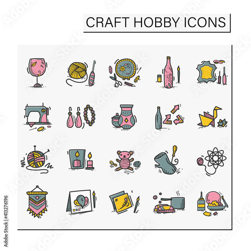 Craft hobby set hand drawn color icons. Handmade and homemade concept. Consist of sewing, etching, bottle painting, origami, papier-mache etc. Isolated sketch vector illustrations
