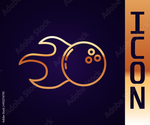 Gold line Bowling ball icon isolated on black background. Sport equipment. Vector.