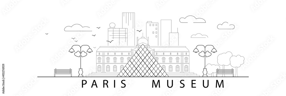 Paris Museum illustration, it is the world's largest art museum and a historic monument in France. Line vector eps 10